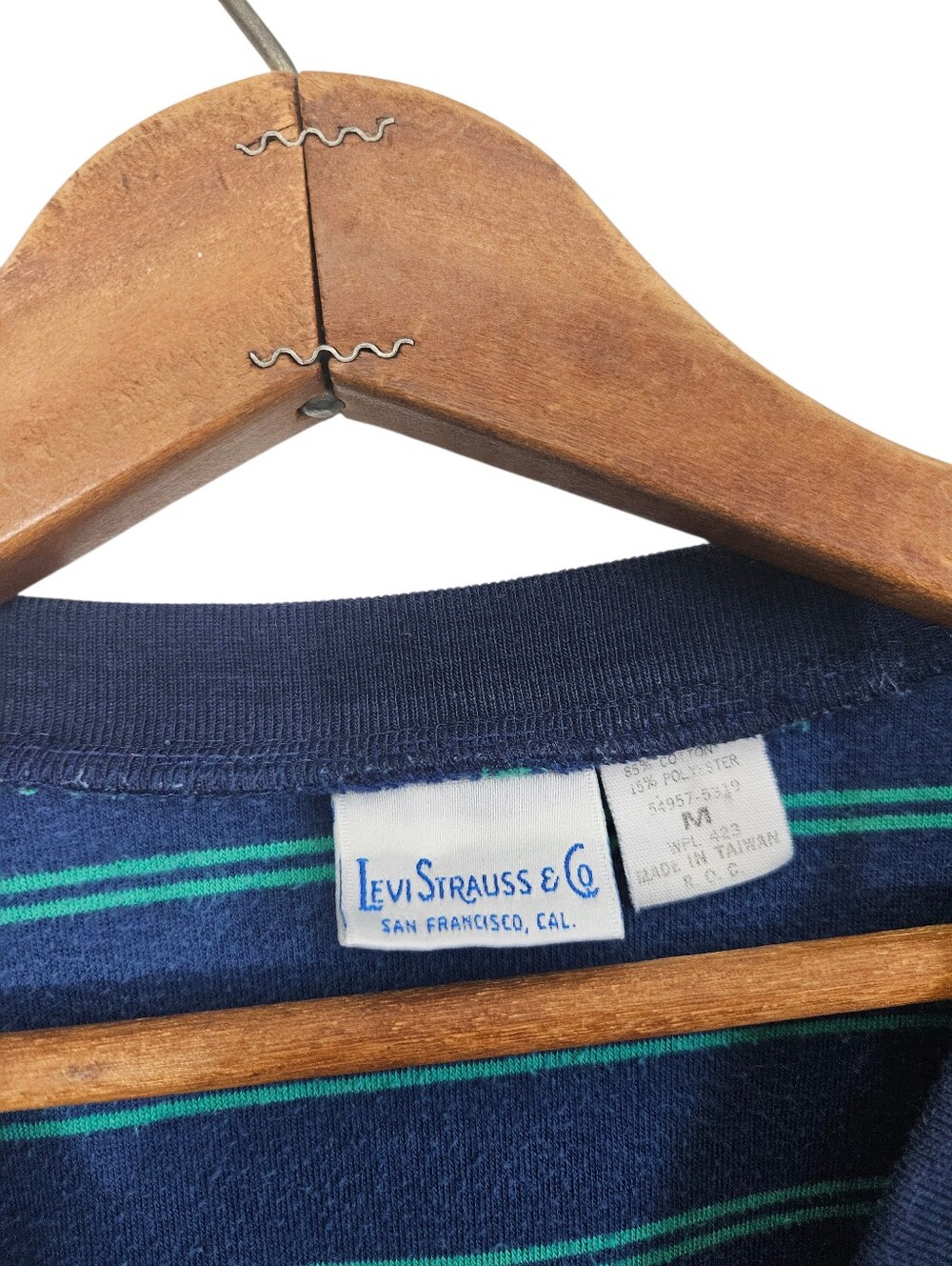 Vintage 80s Levi Strauss & Company Navy Velour V-Neck with Teal Stripes, Medium - Picture 2 of 6